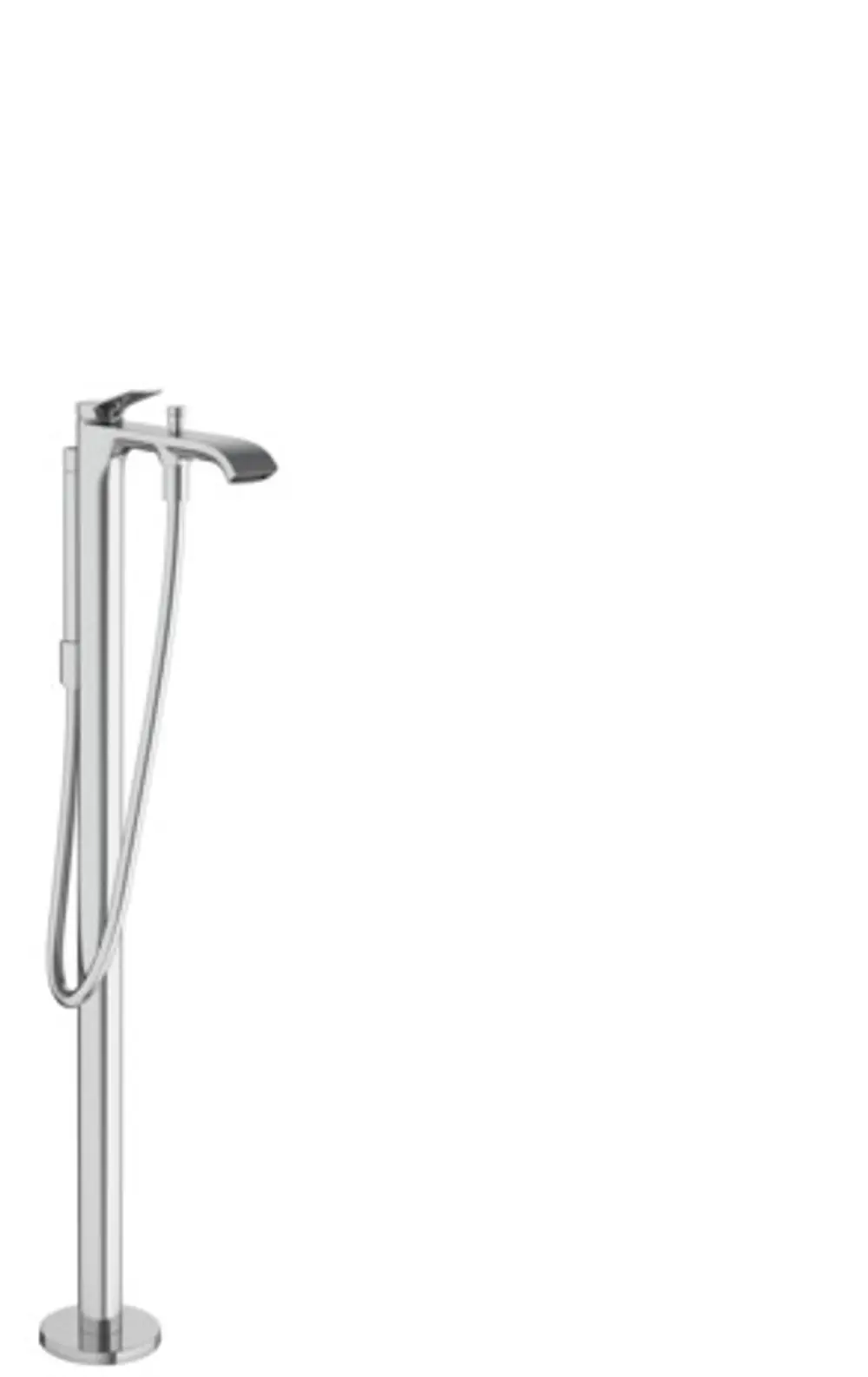 Bodenstehender Wannenmischer aus Chrom von Hansgrohe mit einer schlanken Form und einem Auslauf, verbunden mit einem flexiblen Handbrauseanschluss.